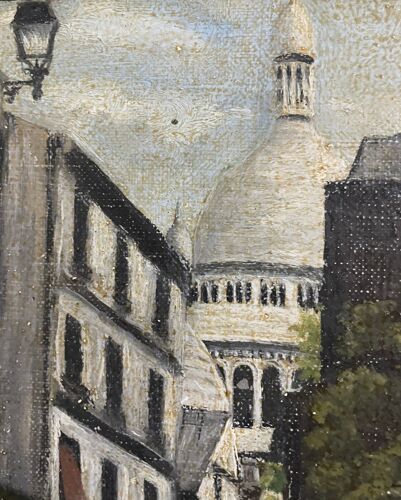 Peinture à l’huile sur panneau, Rue de Montmartre avec la Basilique du Sacré-Cœur à Paris 1920