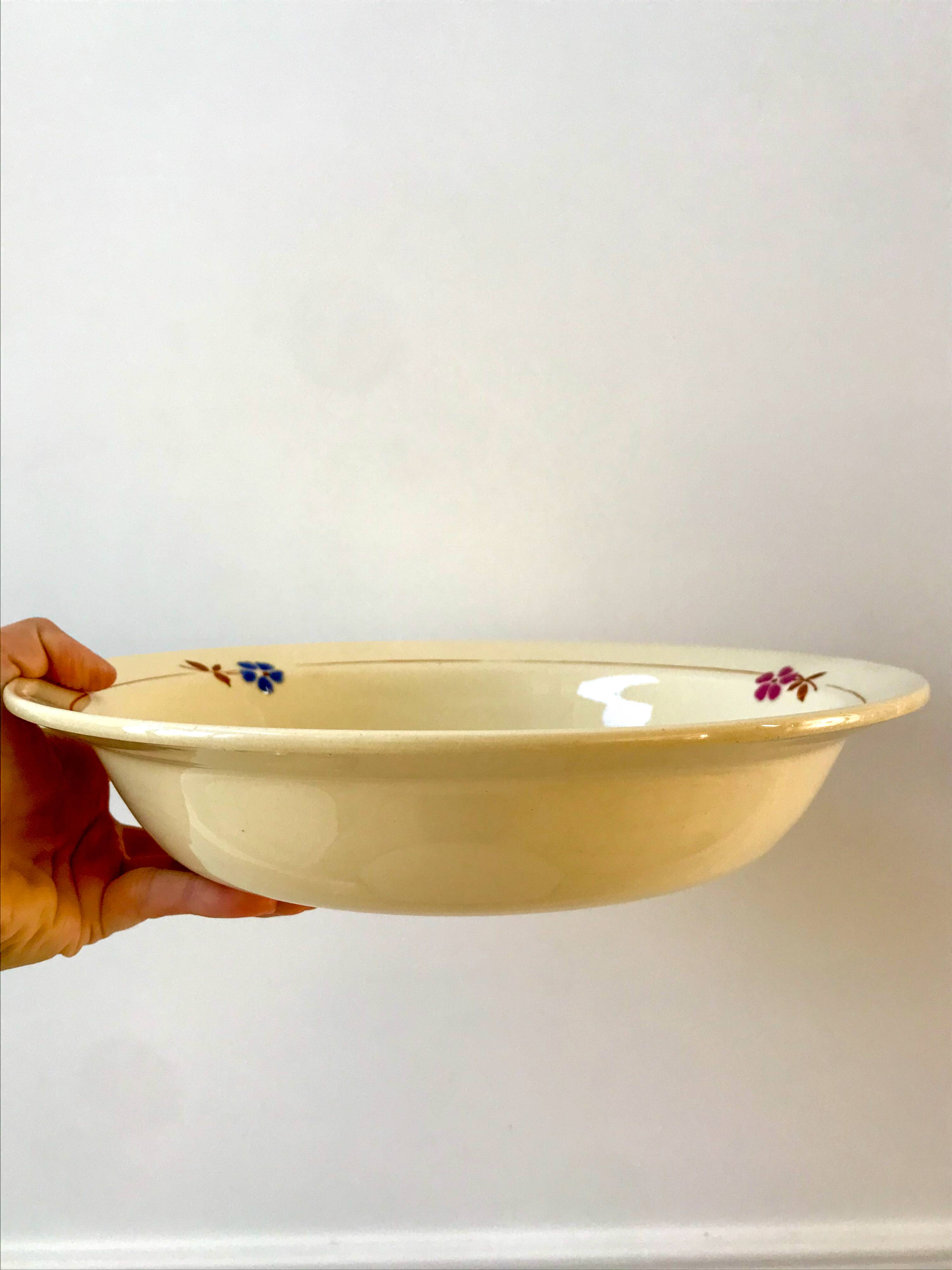 Salad bowl / hollow dish Saint Amand / Céranord hand-painted pink and blue flowers, 1940s