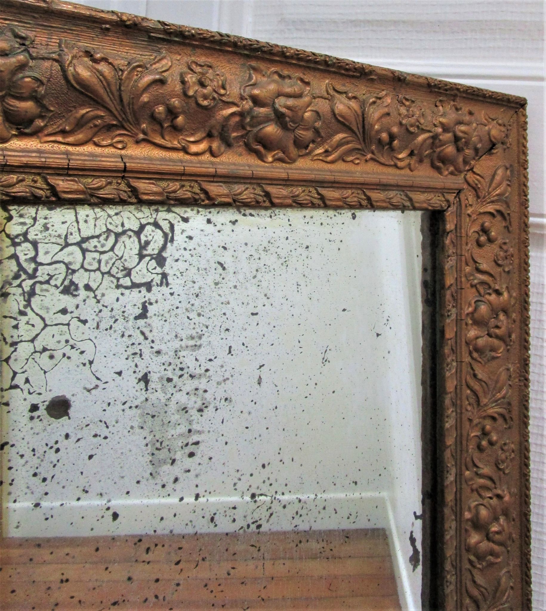 Mirror stitched golden stucco wood decorated with 19th century flowers 88 cm x 63 cm