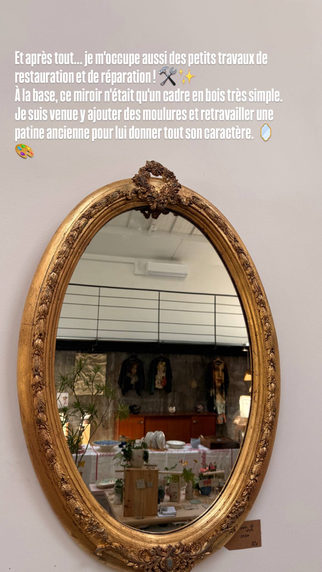 Gold oval mirror refurbished with a pediment — Louis XVI / Napoléon III style