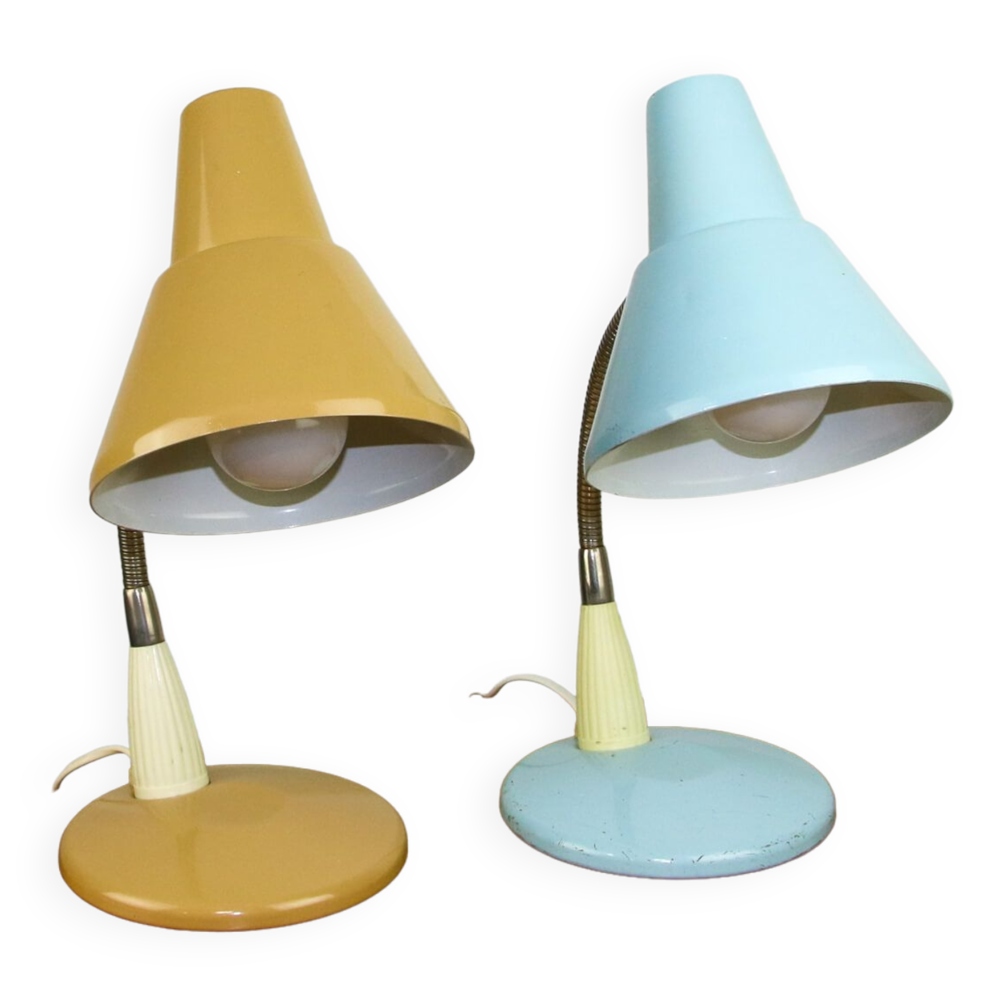 Adjustable Desk Lamp in Blue and Sand Painted Metal and Chrome-Plated Spiral Arm, 1970s, Set of 2