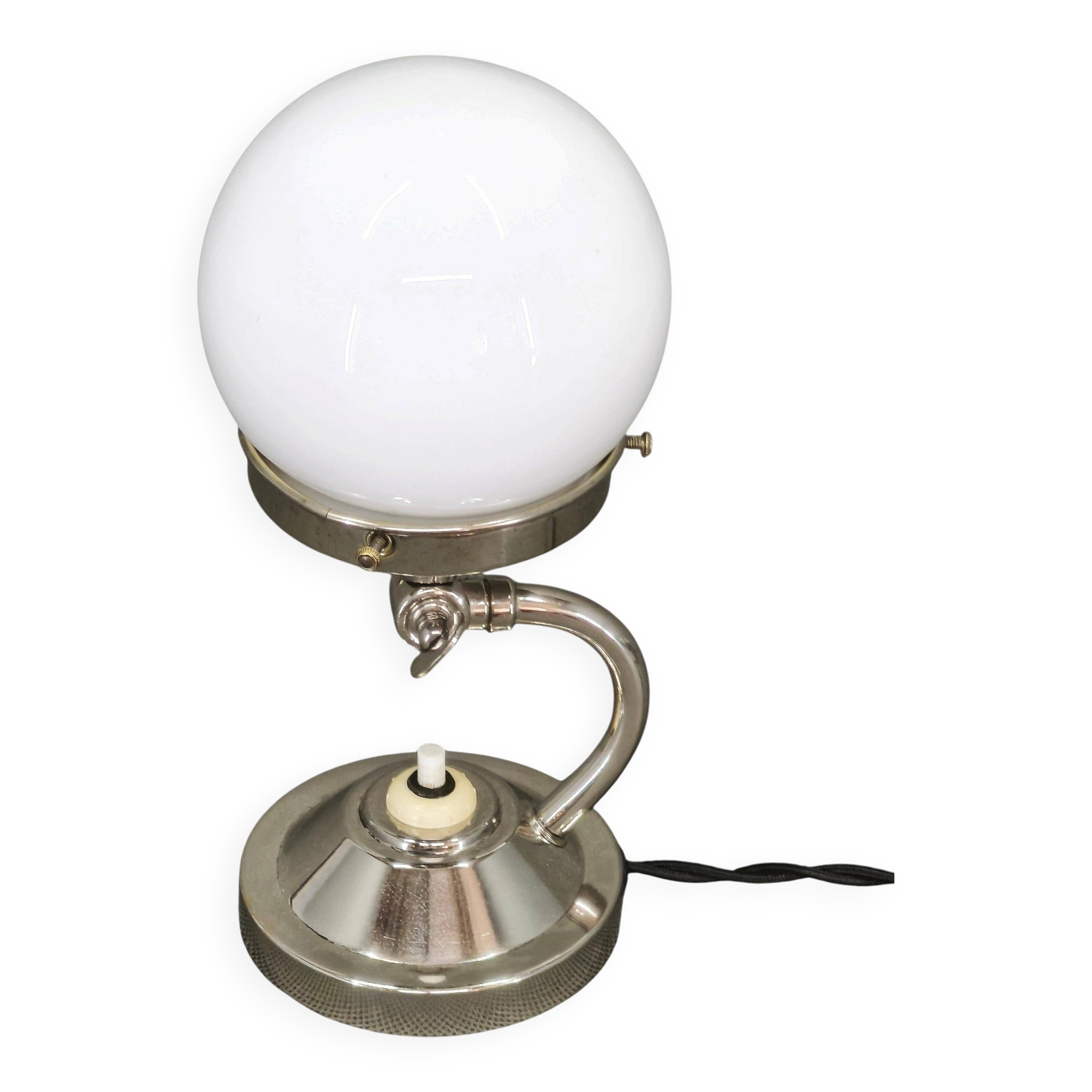1930s Bauhaus Nickel and Opaline Glass Table Lamp, Czechoslovakia