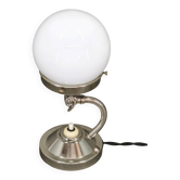 1930s Bauhaus Nickel and Opaline Glass Table Lamp, Czechoslovakia