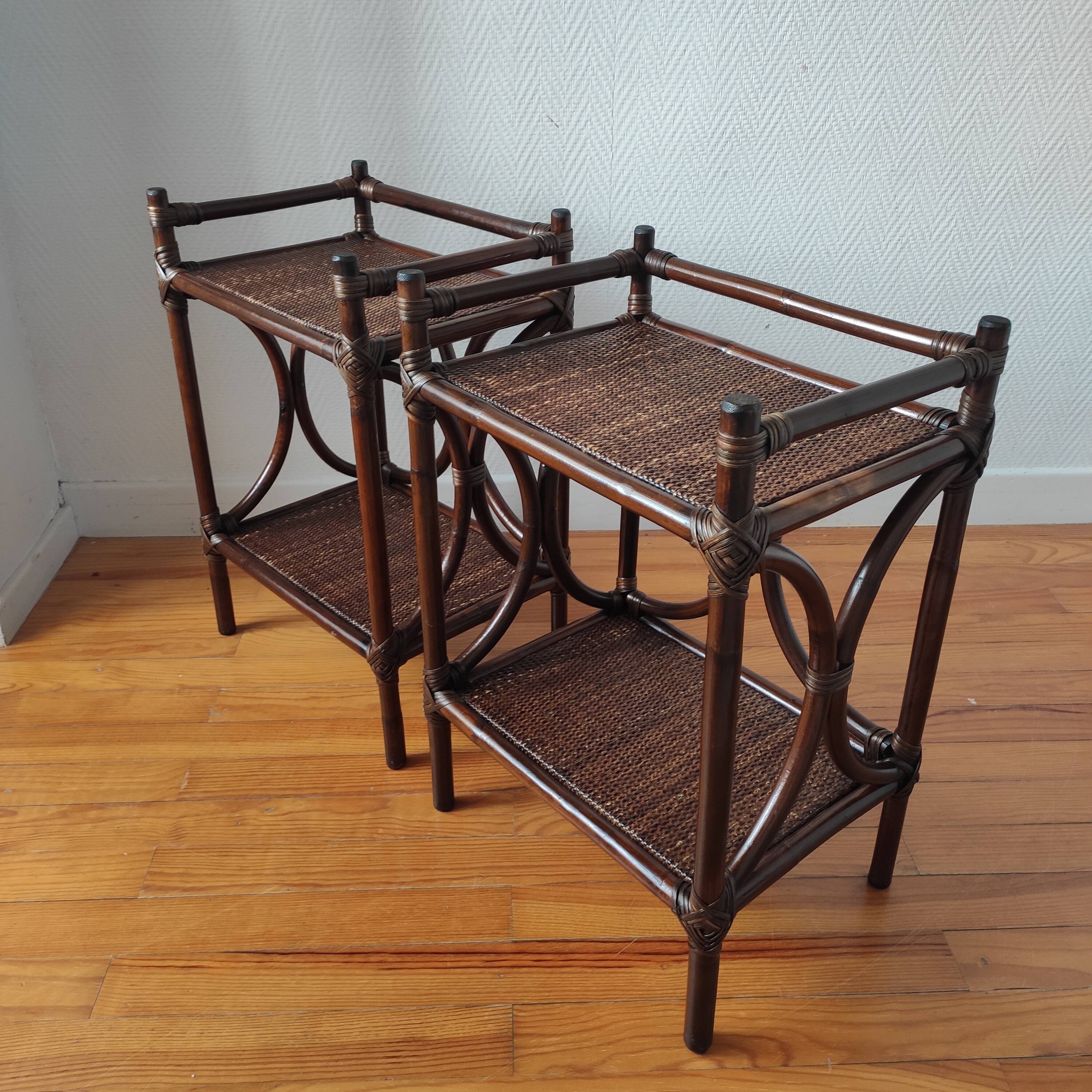 Pair of 1970s rattan bedside tables, side tables.