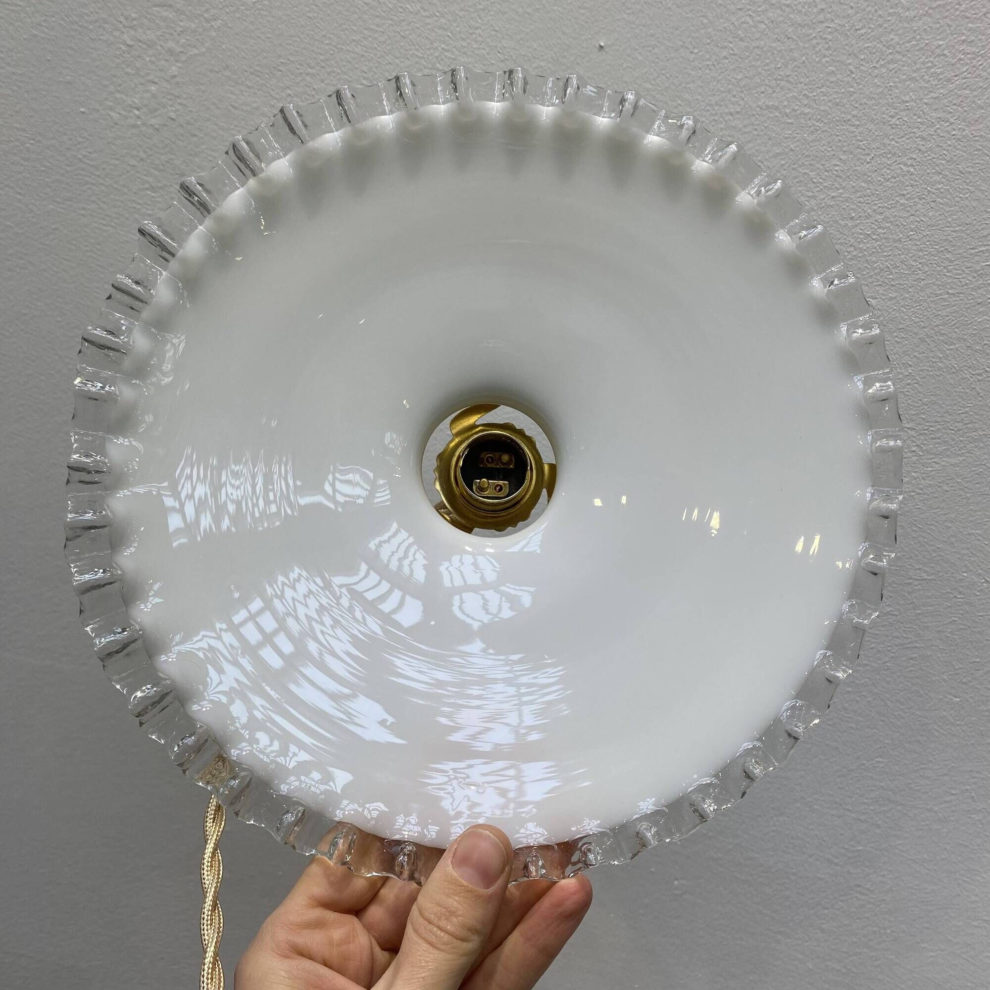 Pair of vintage pendant lights in white opaline and transparent serrated edges
