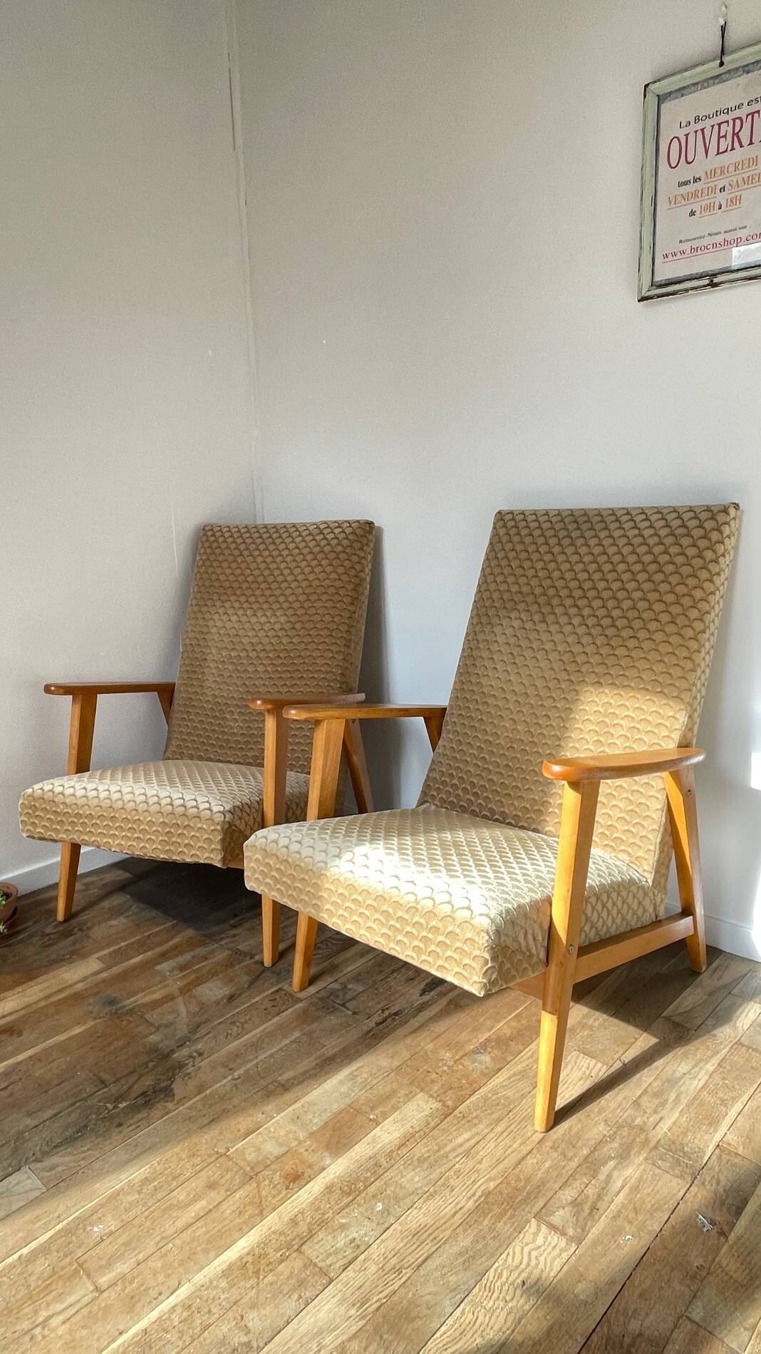 Pair of Manucere armchairs with vintage compass legs