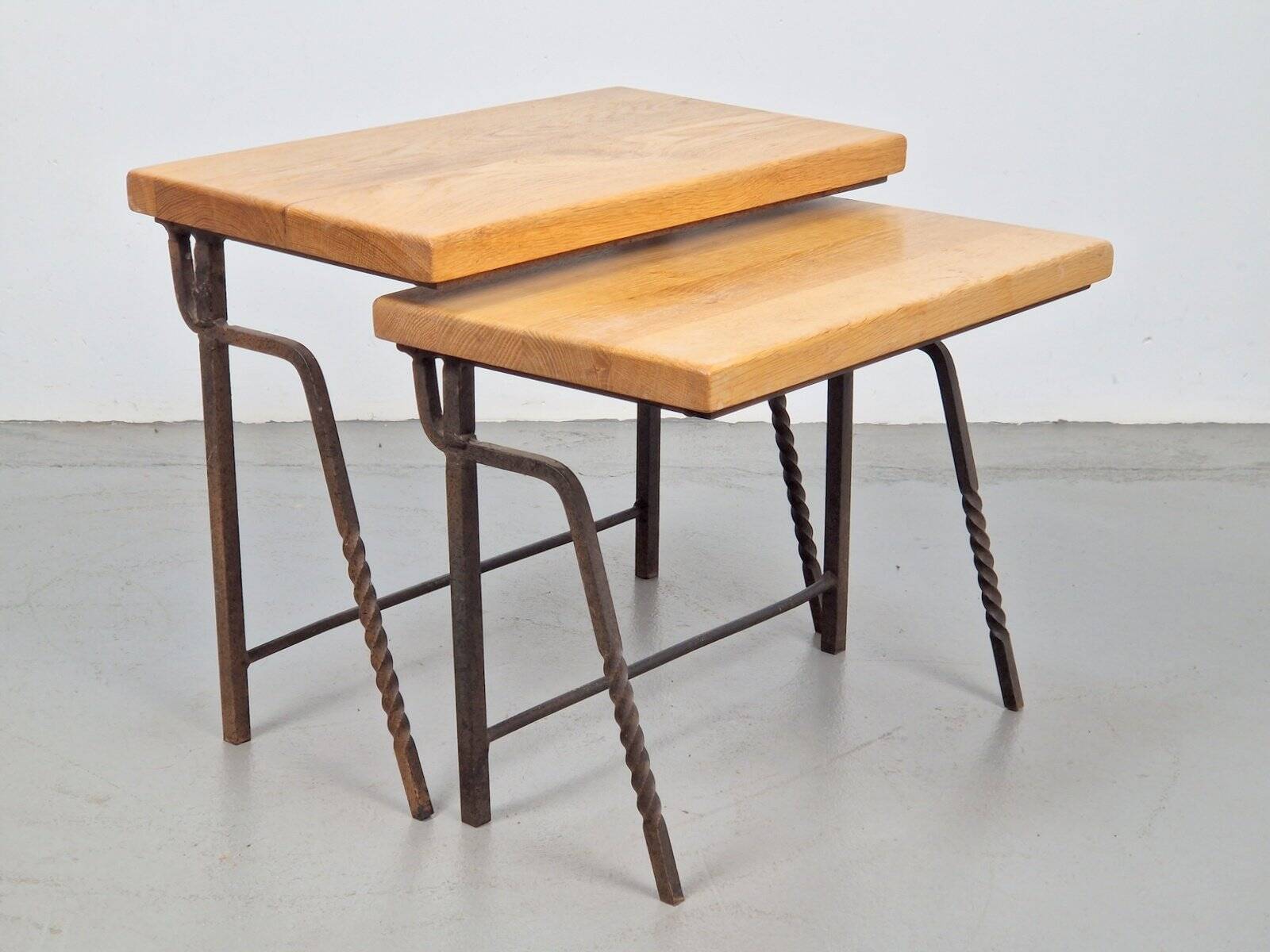 Brutalist Cast Iron and Oak Nesting Tables, 1970s, Set of 2