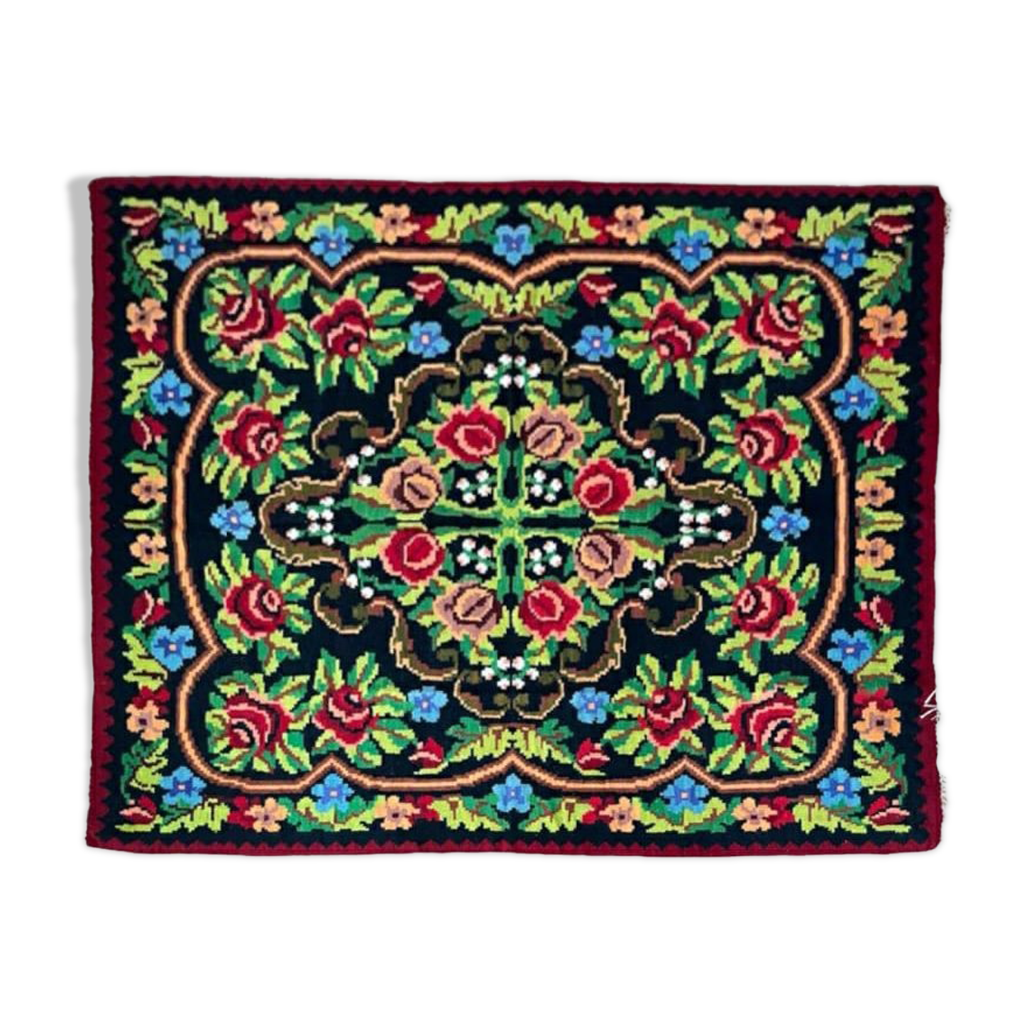 Floral transylvanian rug handwoven in romania, colorful flowers