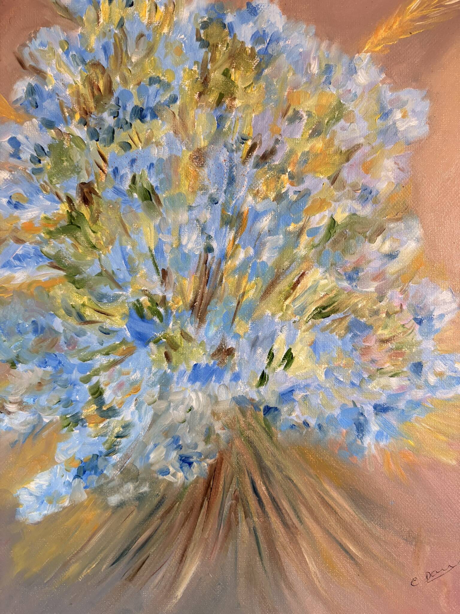 oil painting canvas still life flower bouquet blue violet Lyla