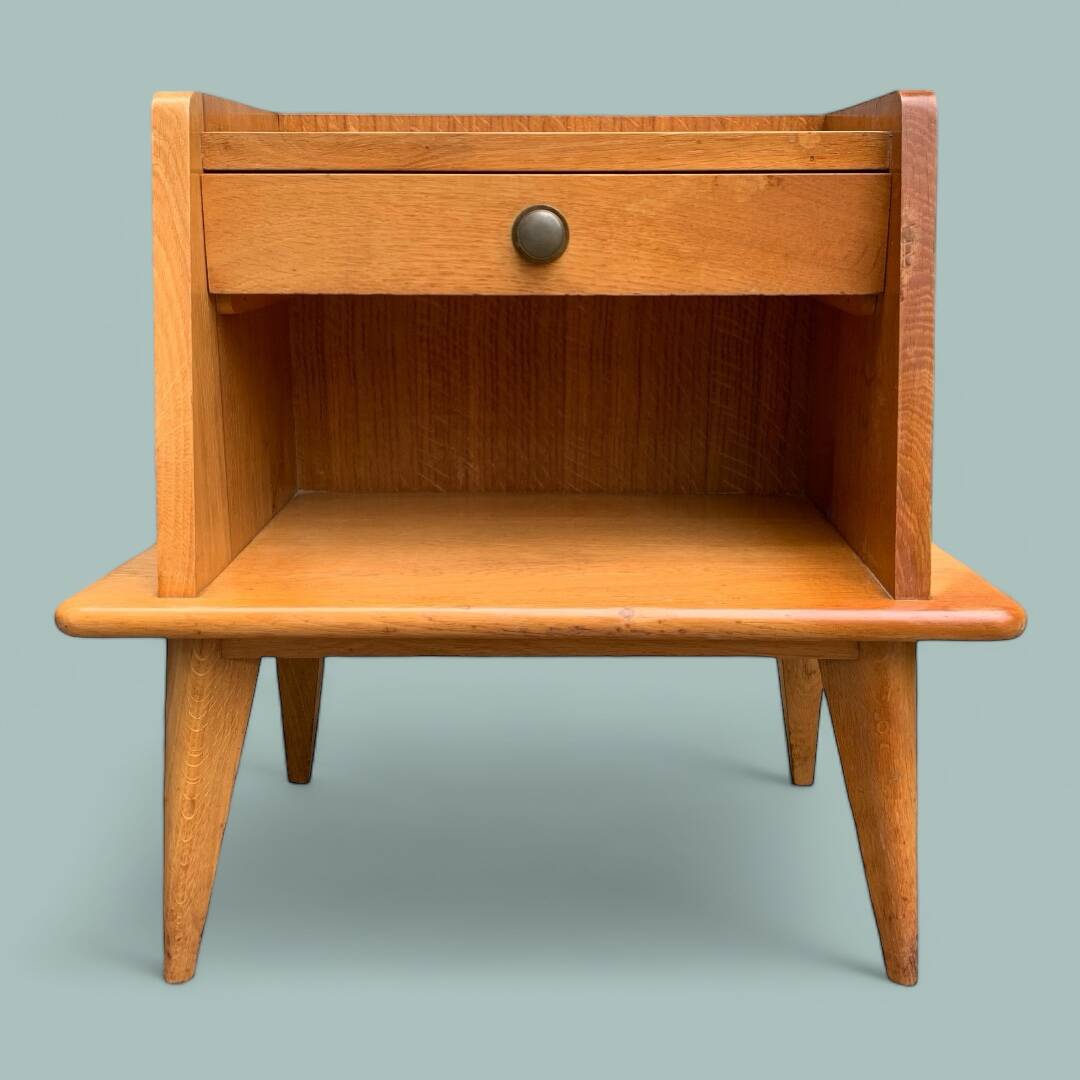 Solid oak compass feet bedside table 1950