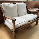 Complete bamboo rattan lounge set with armchair x2, sofa, coffee table