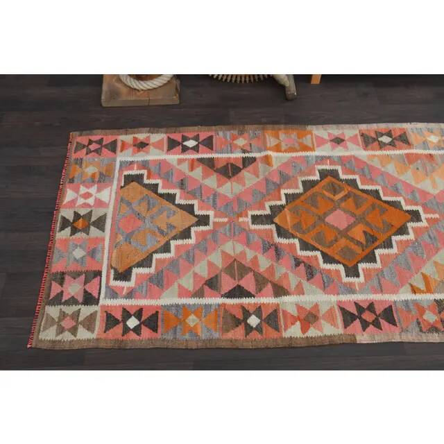 1970s Turkish Oushak Handmade Wool Cotton Pink Runner Rug 98x327