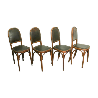 4 art nouveau bentwood and leather dining room chairs from Fischel, c1910