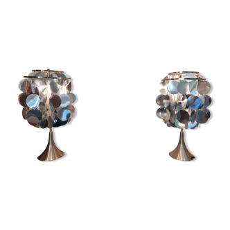 Paire de lampe à poser en en métal brosser et pastilles chromées 1970