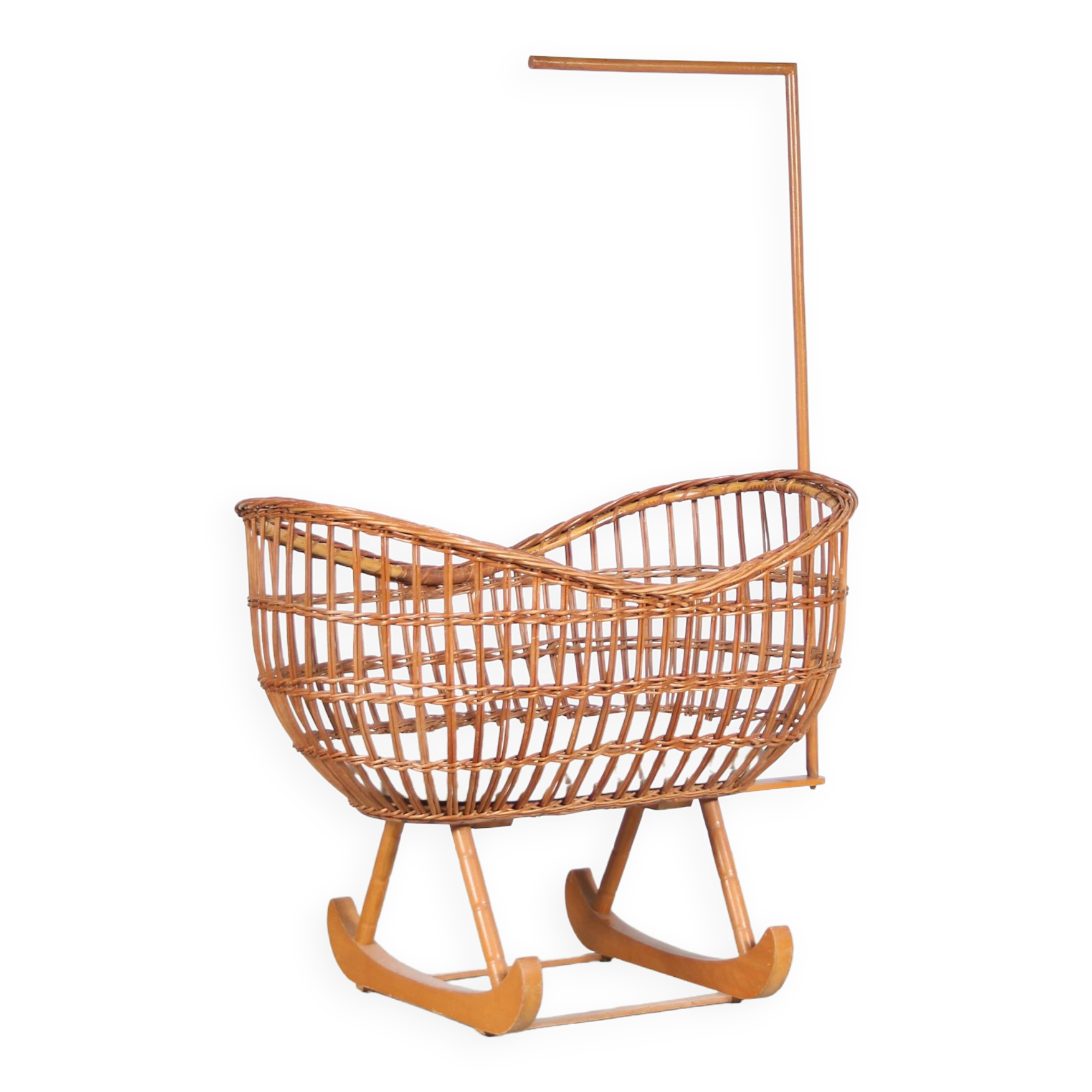 Berceau en rotin des années 1950 provenant des Pays-Bas