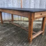 Antique oak farmhouse table with cat bar and 2 end drawers