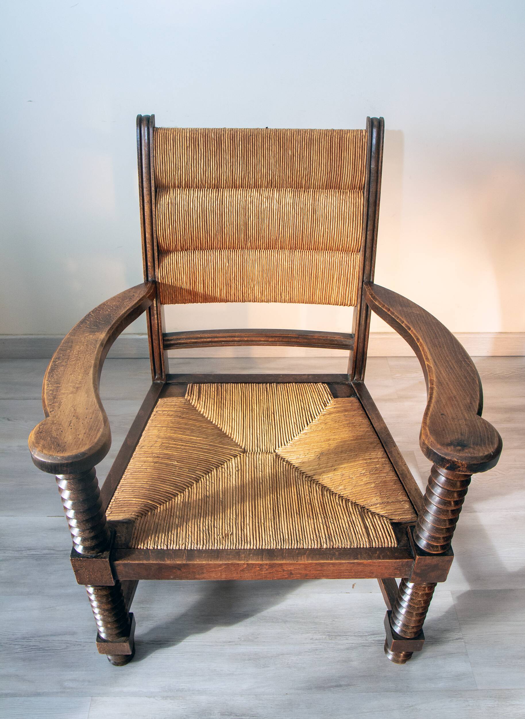 Armchair in oak and rush, brutalist style, designed by Charles Dudouyt, 1940s