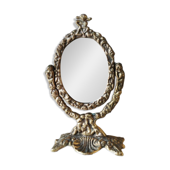 Oval psyche vanity mirror/In old gold bronze Cupids/Rosaces decor