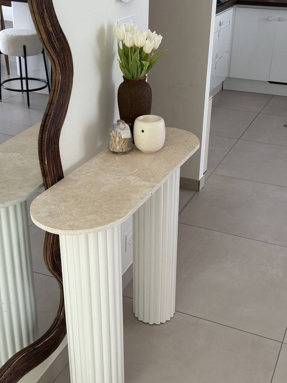 Travertine and wood console | white oak