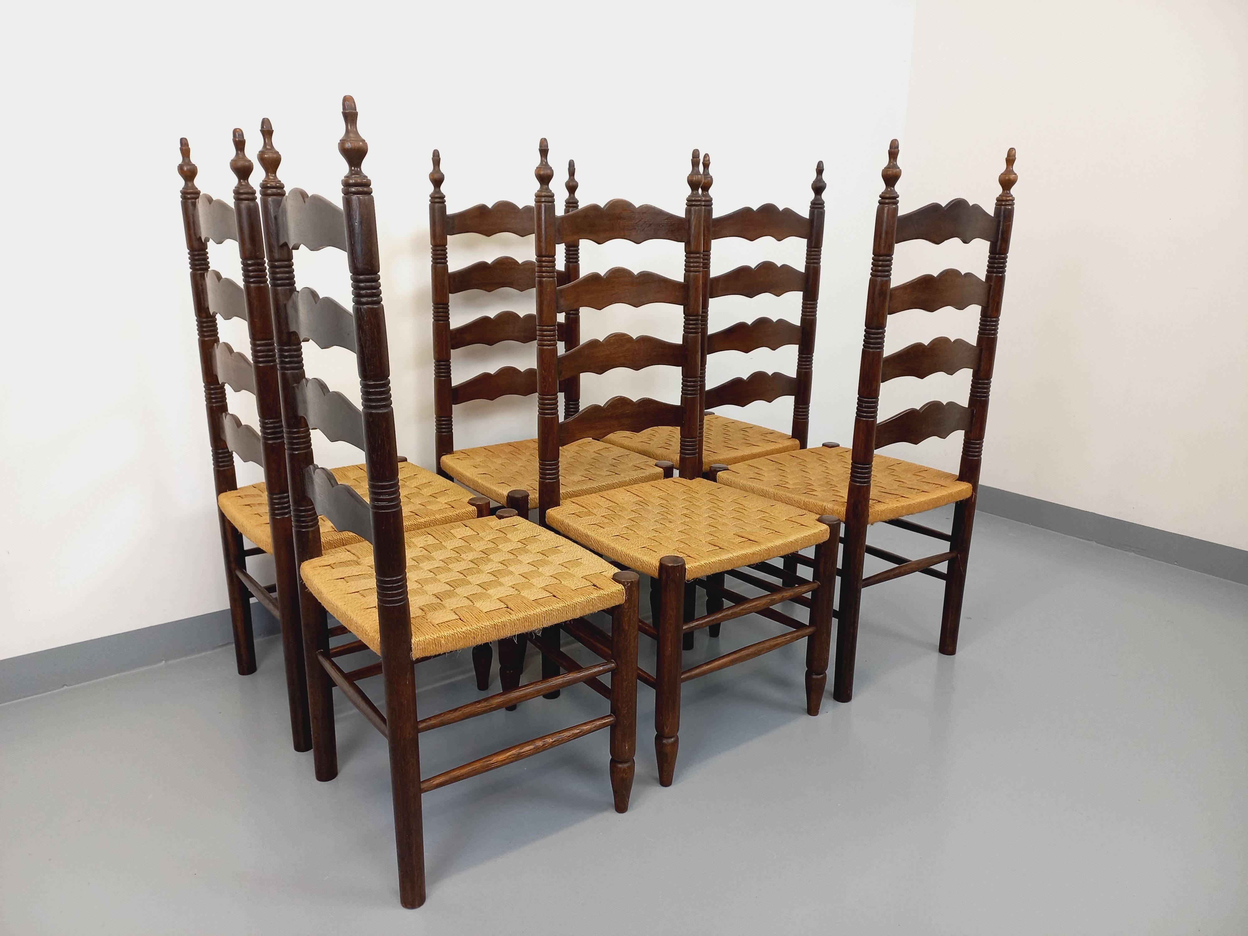 Set of 6 vintage Arts & Crafts chairs in Antonio Calligaris style in rope oak wood from the 50s