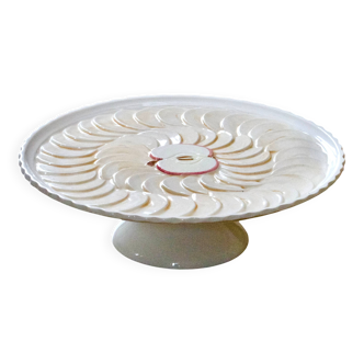 Large vintage earthenware pie dish on a pedestal, apple pie