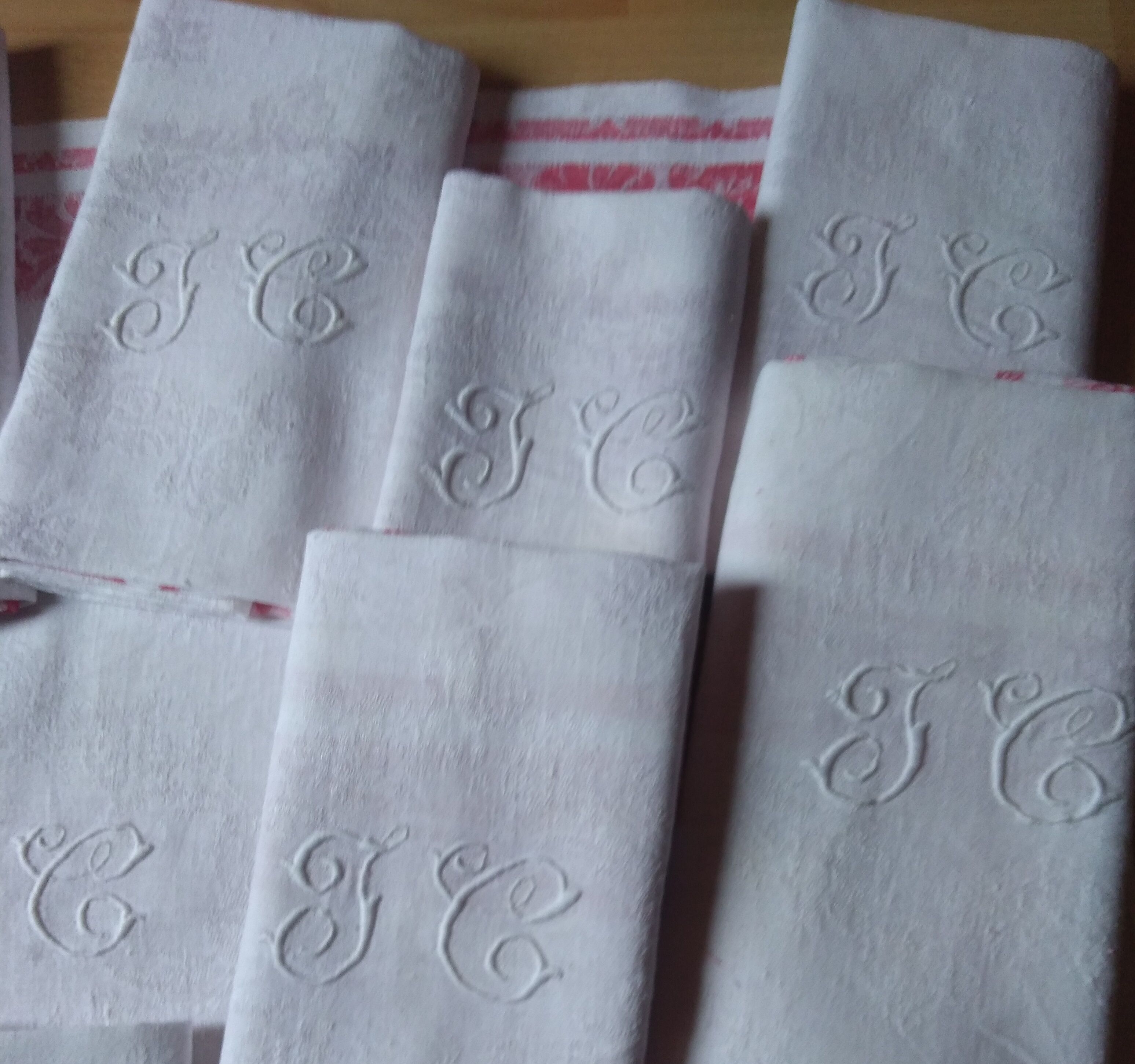 12 Ancient towel embroidered monogrammed JC floral red litter Napoleon III