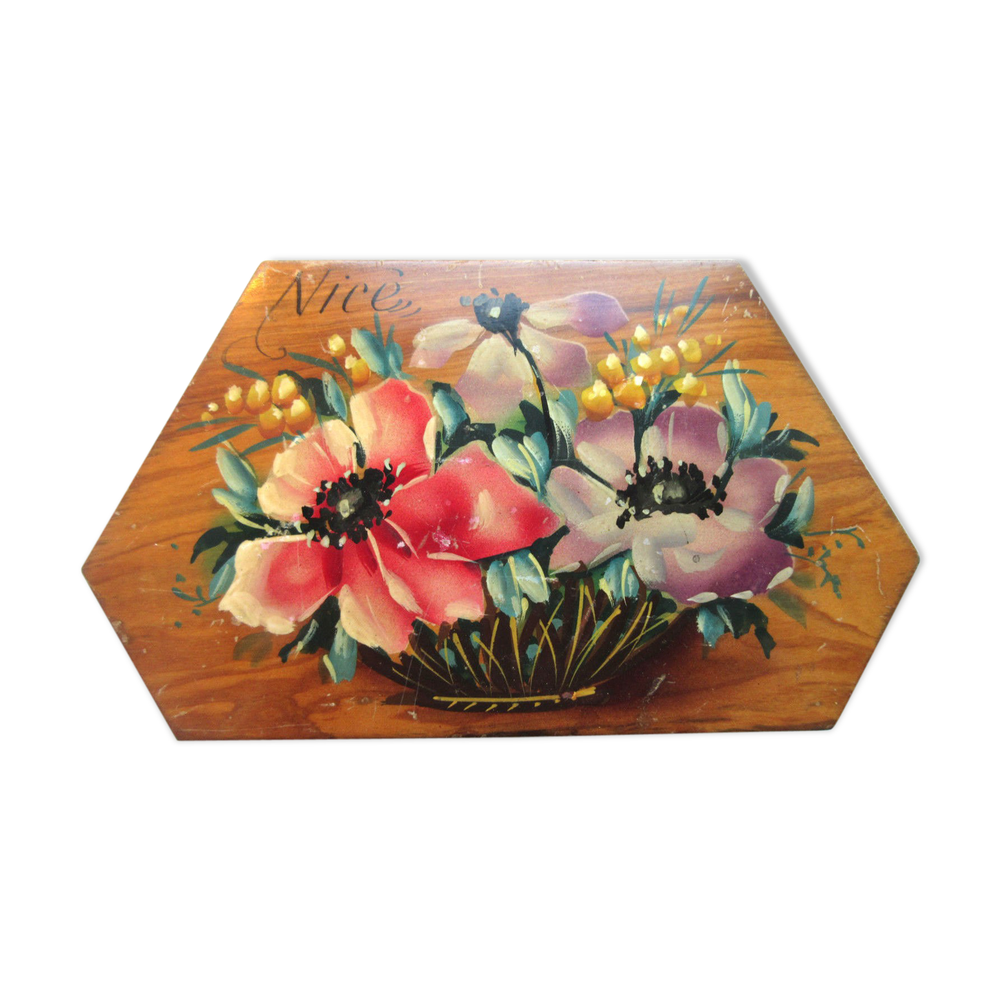 Art Deco jewellery box painted olive wood from Mimosa and Anémones, NICE