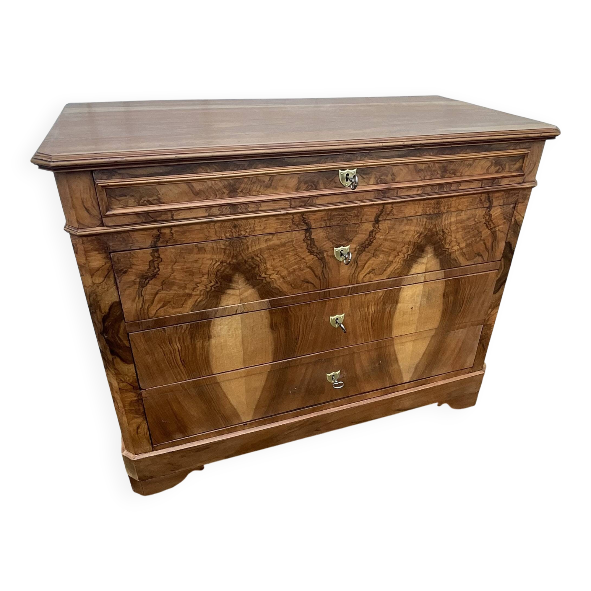 Chest of drawers in walnut and burr walnut, late 19th century, 4 drawers