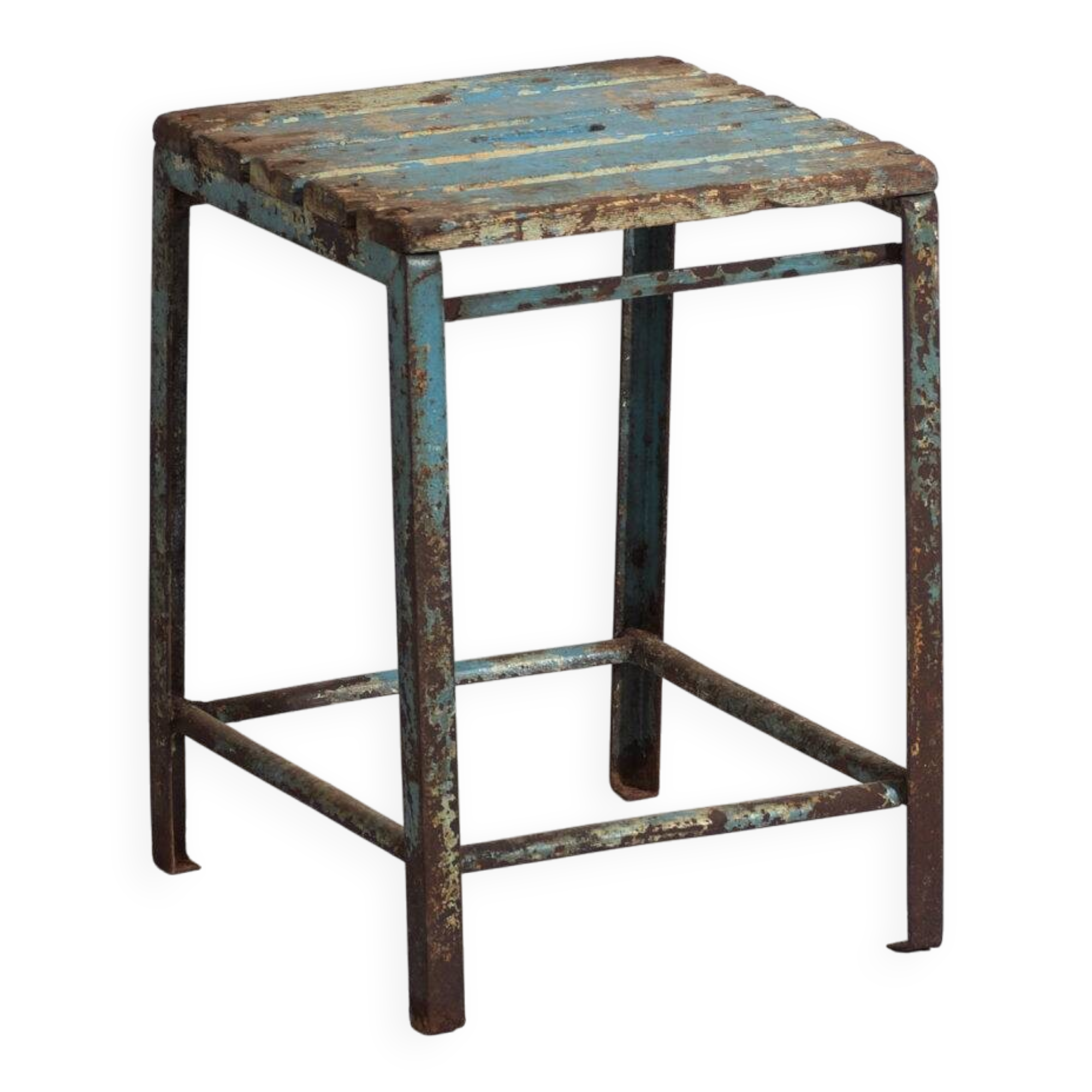 Vintage industrial stool made of pine wood and iron – Central Europe, around 1950