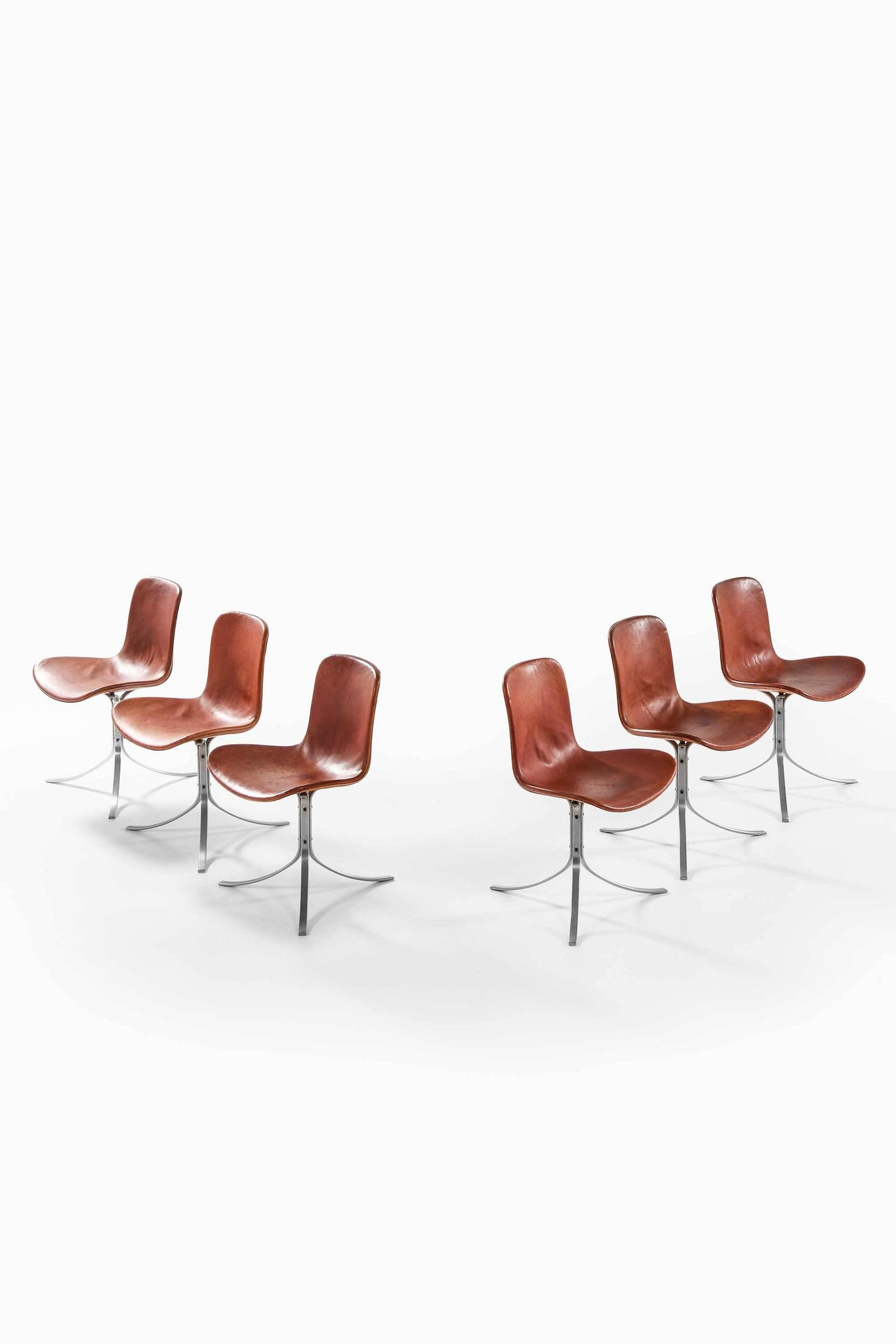 Set of Six Vintage Poul Kjaerholm PK-9 Dining Chairs Brown Leather, 1960s