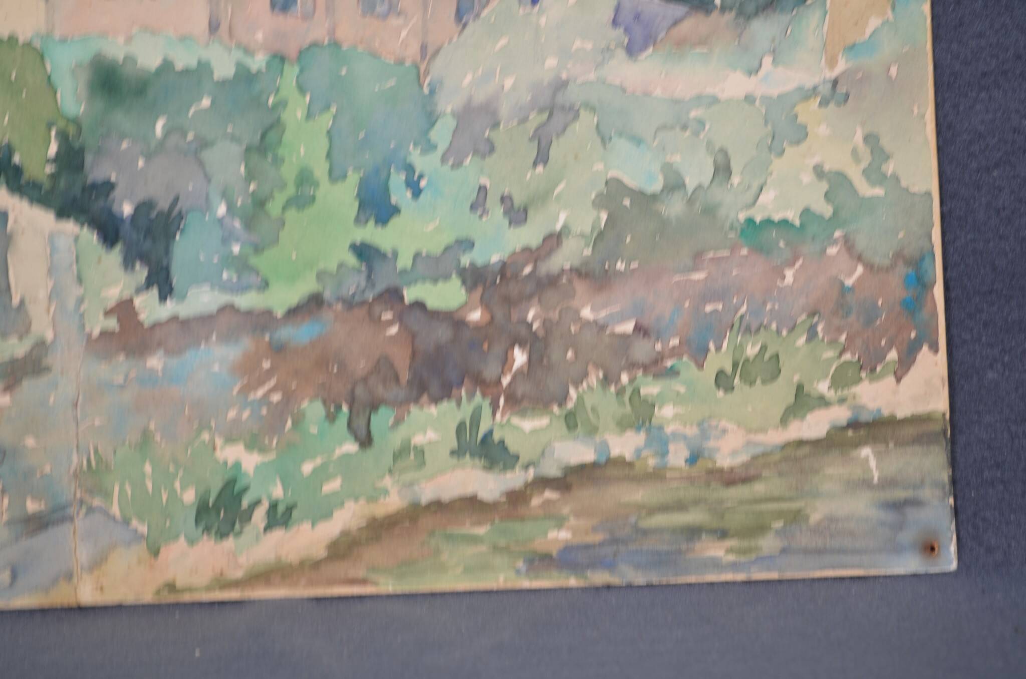 French school 20th century "the village church" watercolor, dated 1944