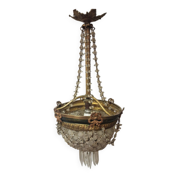 Ancien lustre montgolfière à pampilles, en laiton et à moulures