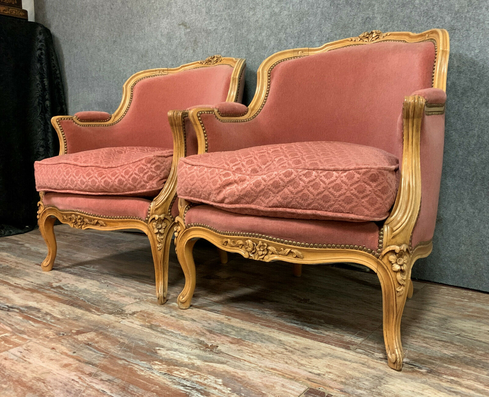 Pair of Louis XV armchairs in light wood around 1900