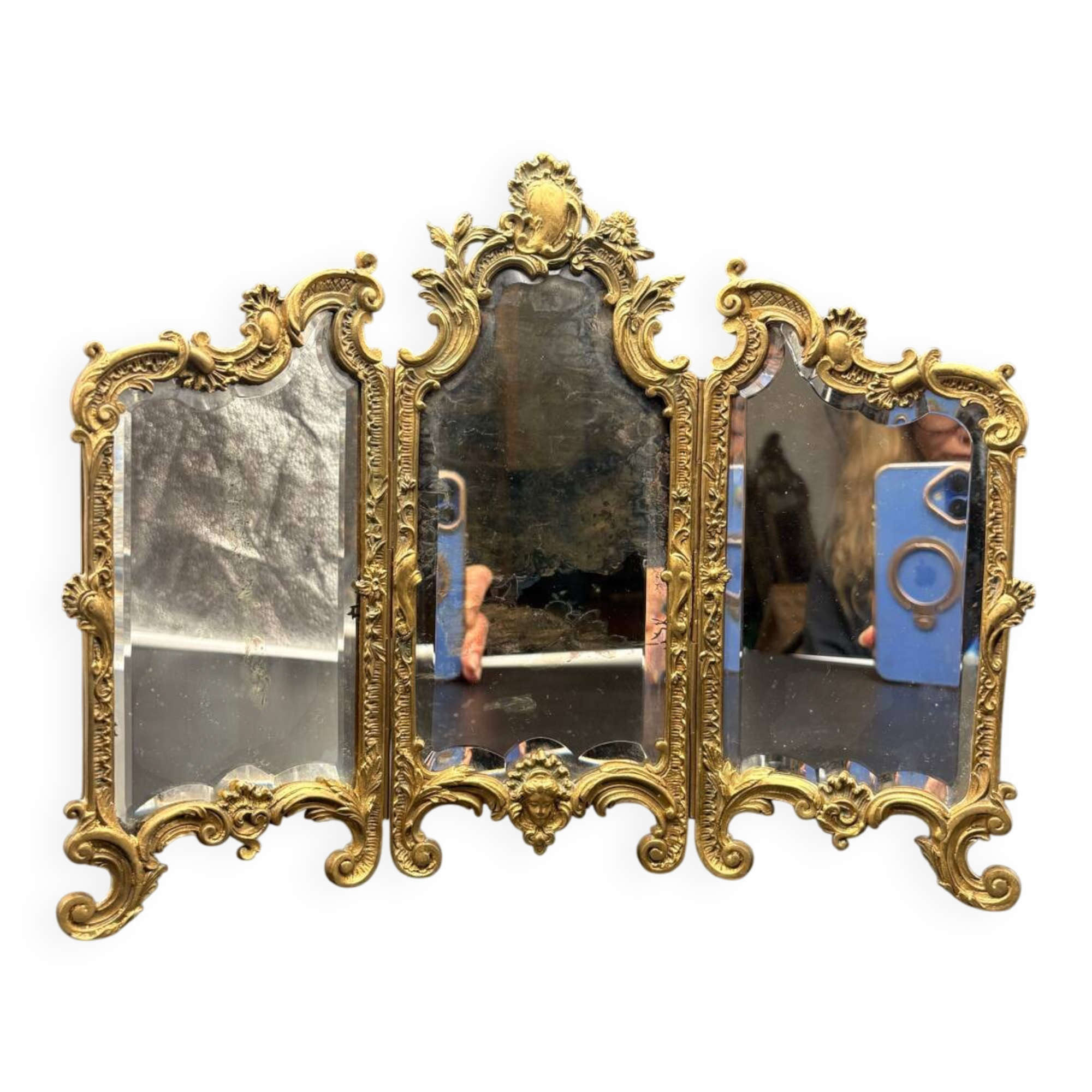 Miroir Triptyque, Bronze Doré, vers 1900.