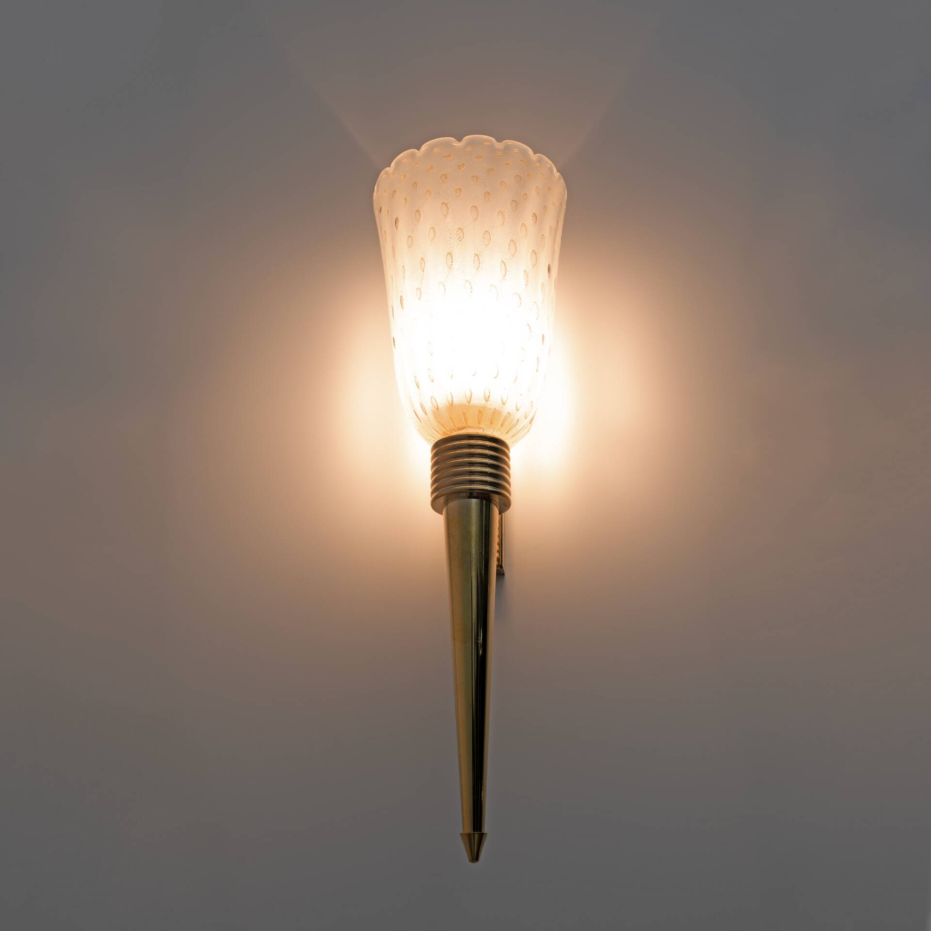 Pair of Mid-century Modern Italian Brass and Pulegoso Murano Glass Sconces