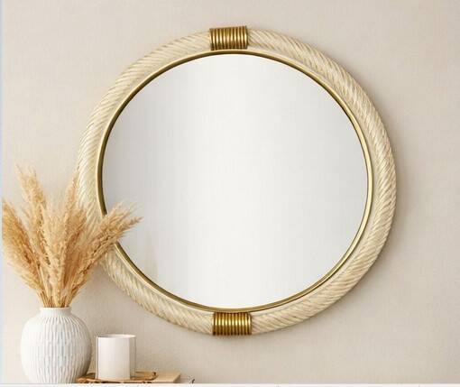 Venetian Round Murano Glass Wall Mirror with Torgiglione-Torchon Design, Ba