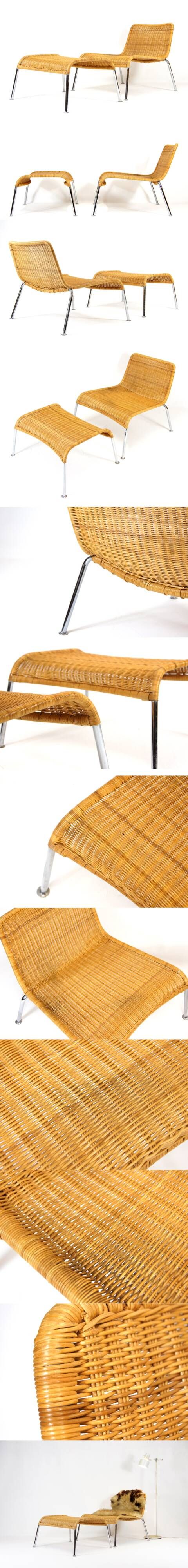 Retro Vintage Danish Chrome Rattan Lounge Easy Lounge Chair Armchair + Stool 70s