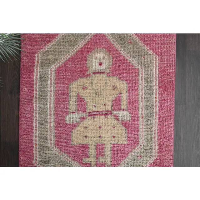 Vintage Turkish Oushak handmade wool cotton pink runner rug 85x370
