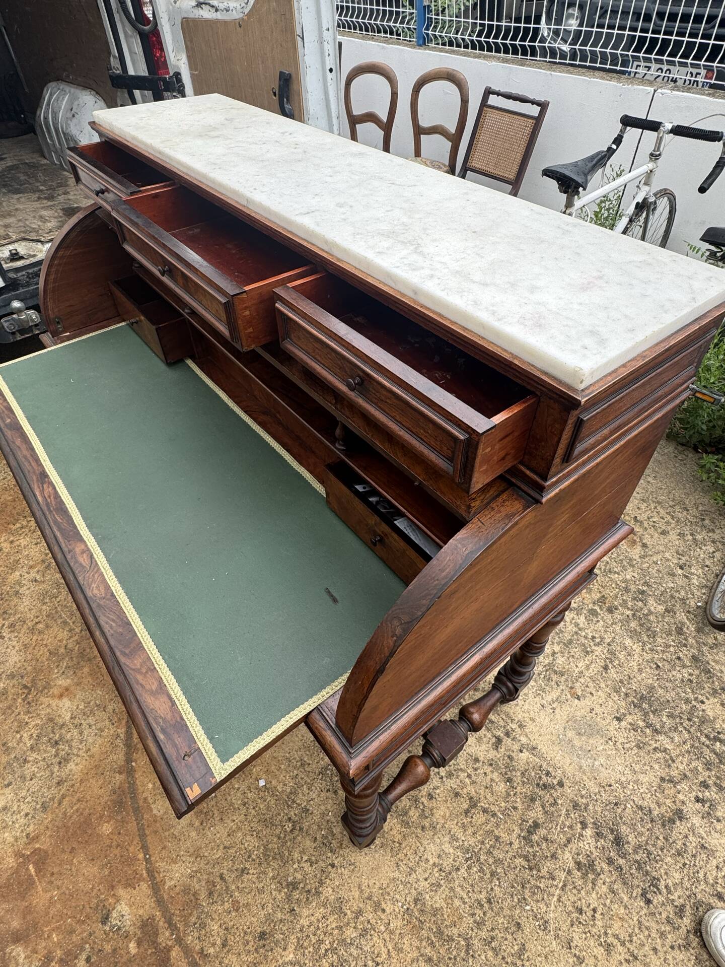 Secretary cylinder Mahogany white marble (Louis XVI style)