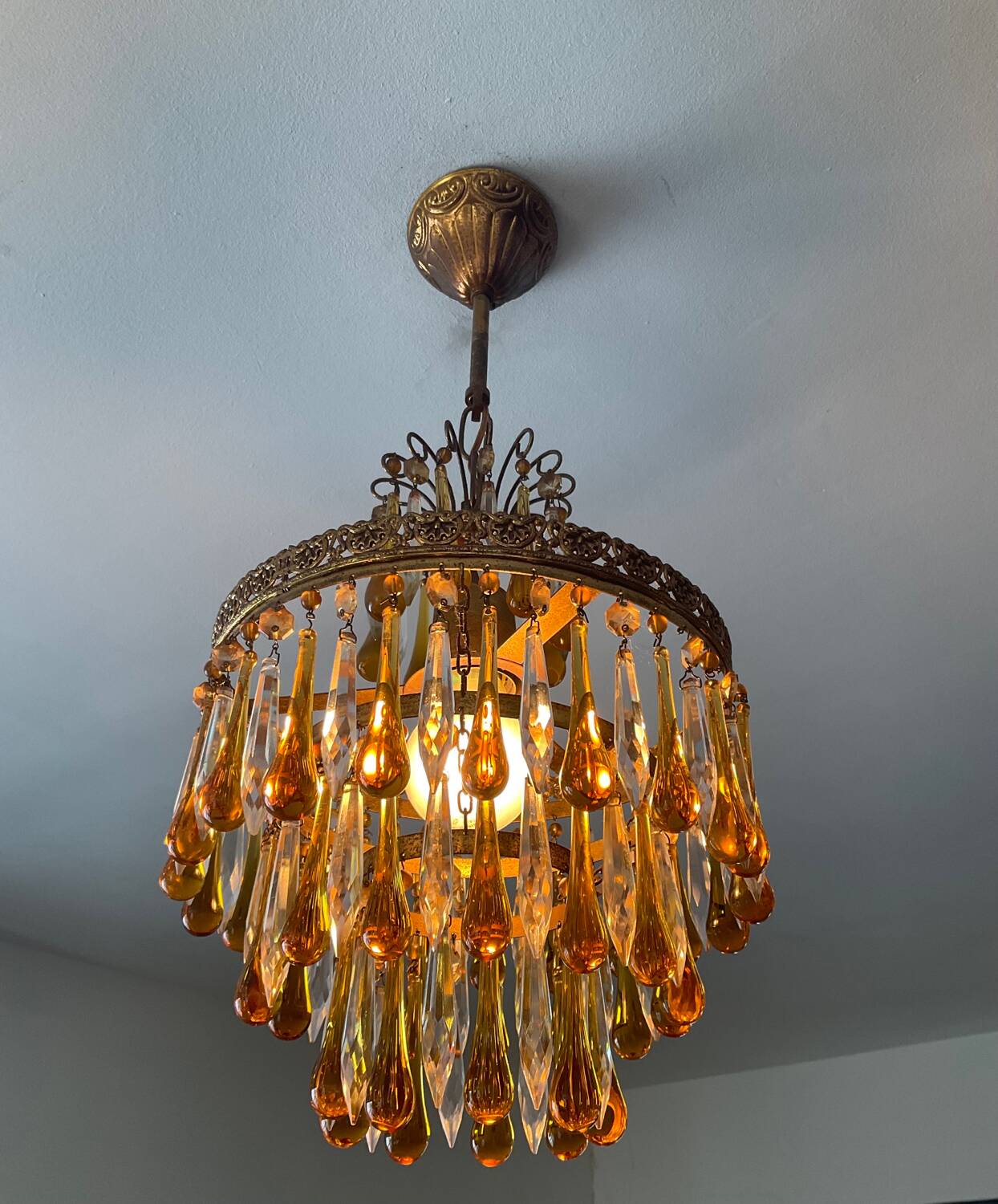Vintage chandeliers with amber glass tassels and drops