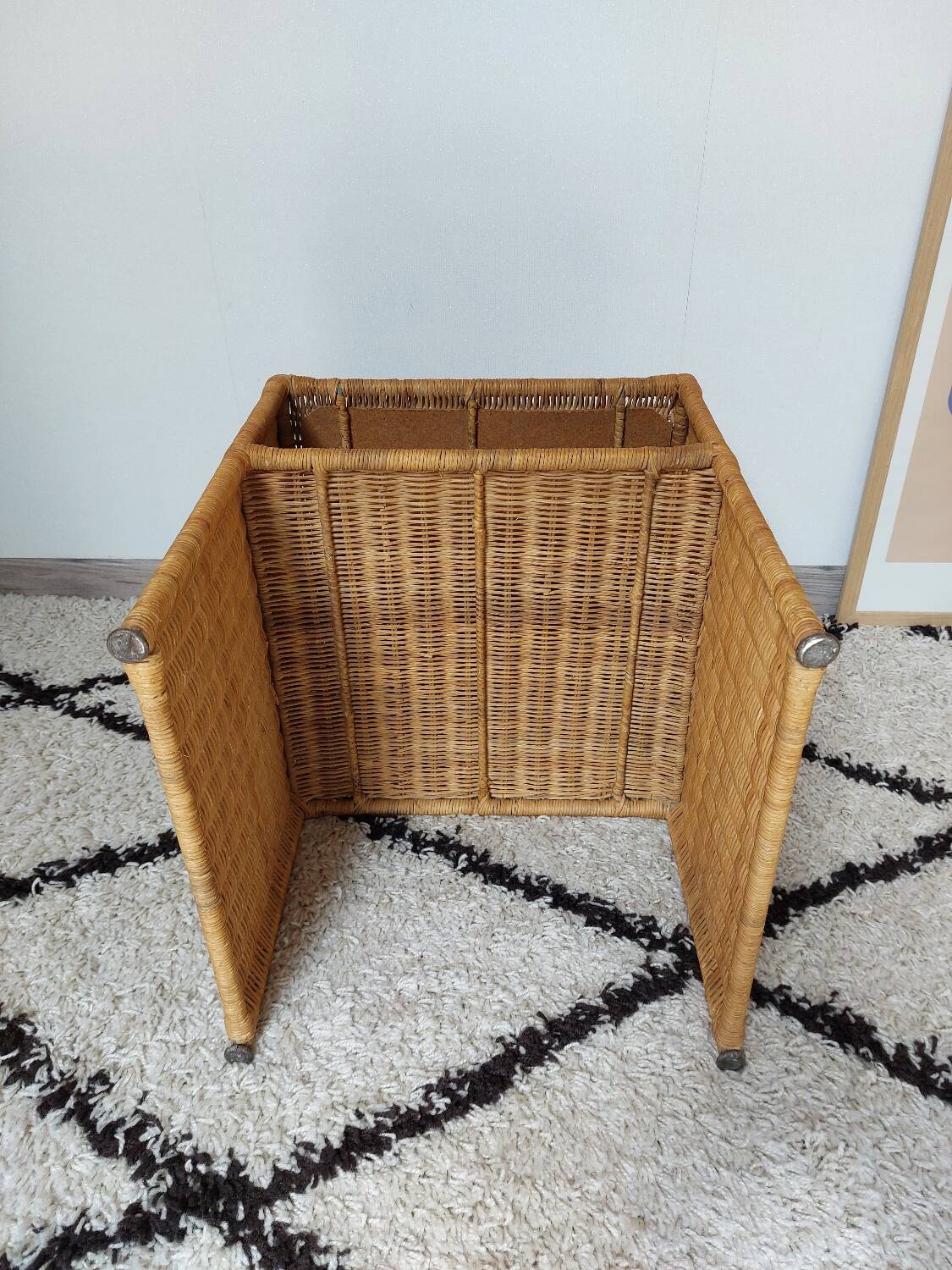 60s woven metal wicker bedside table
