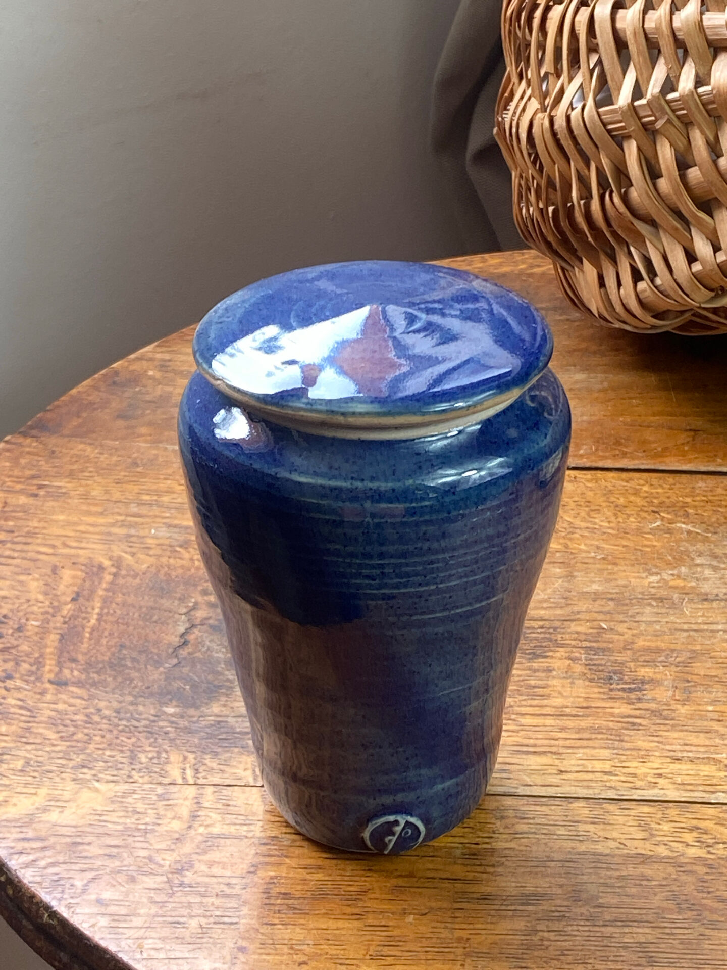 Glazed blue stoneware bonbonnière