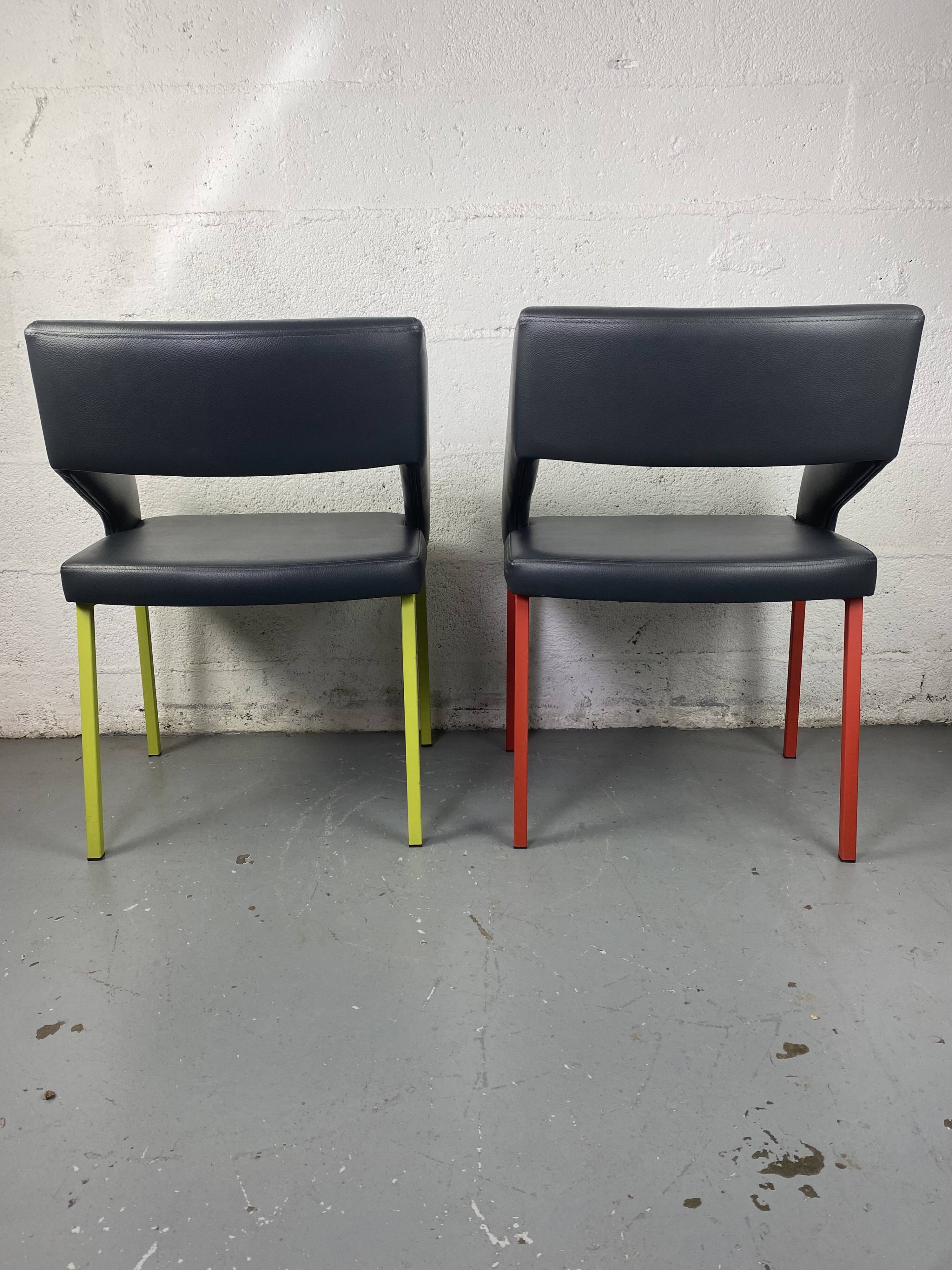 Pair of metal and leather armchairs / Green & Red