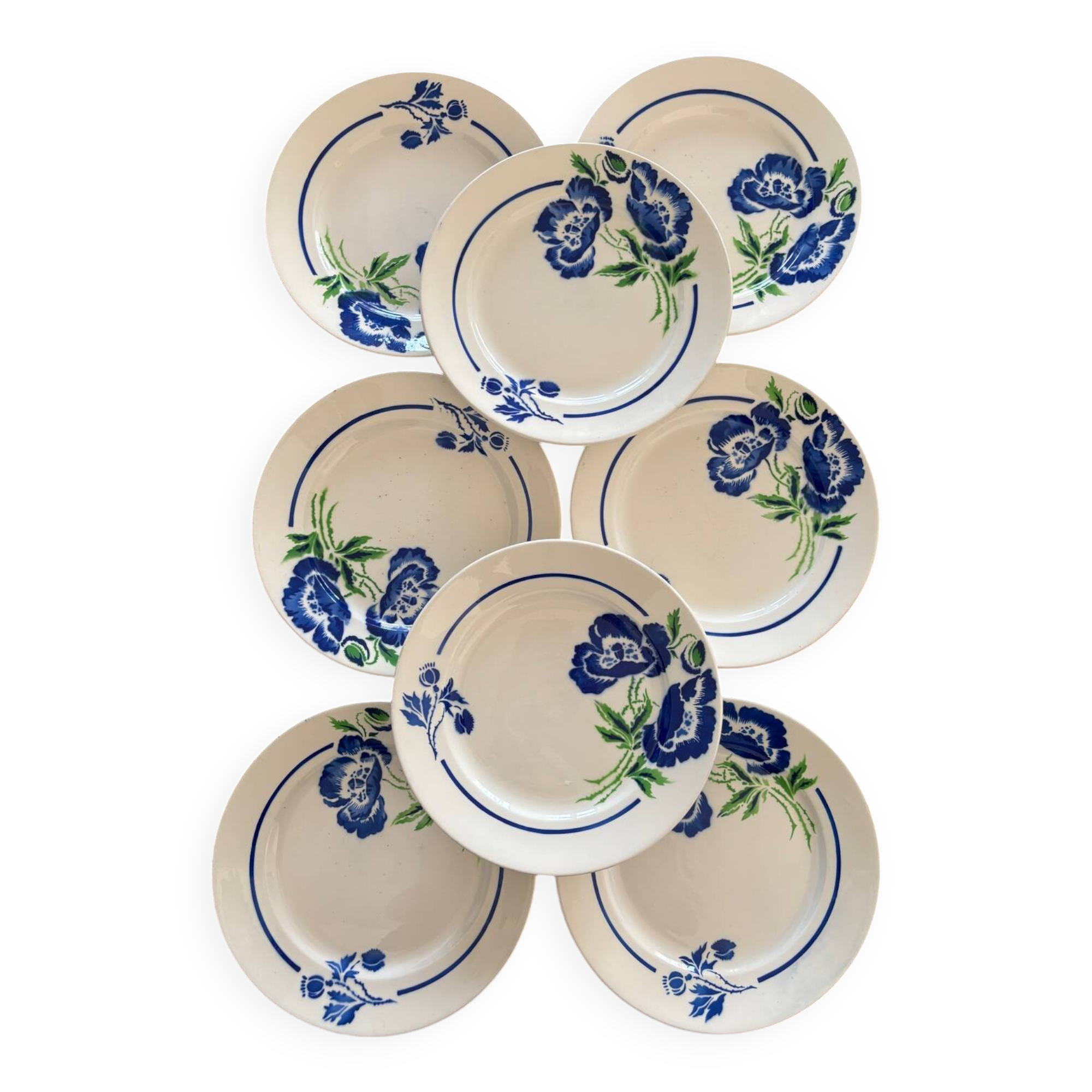 Set of 8 Badonviller France Earthenware Flat Plates, Boran Vintage Model