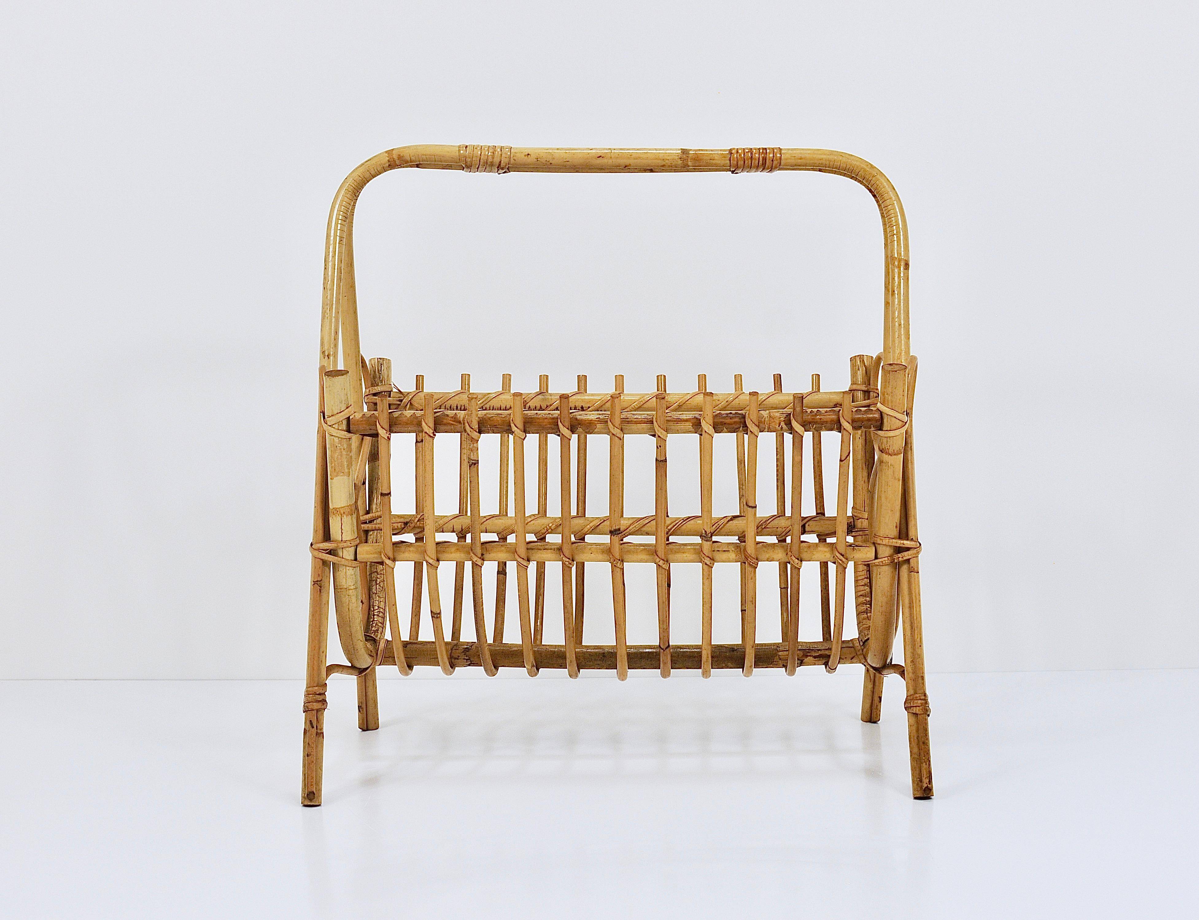 Bamboo and rattan magazine rack in the style of Franco Albini, Italy, 1950s.