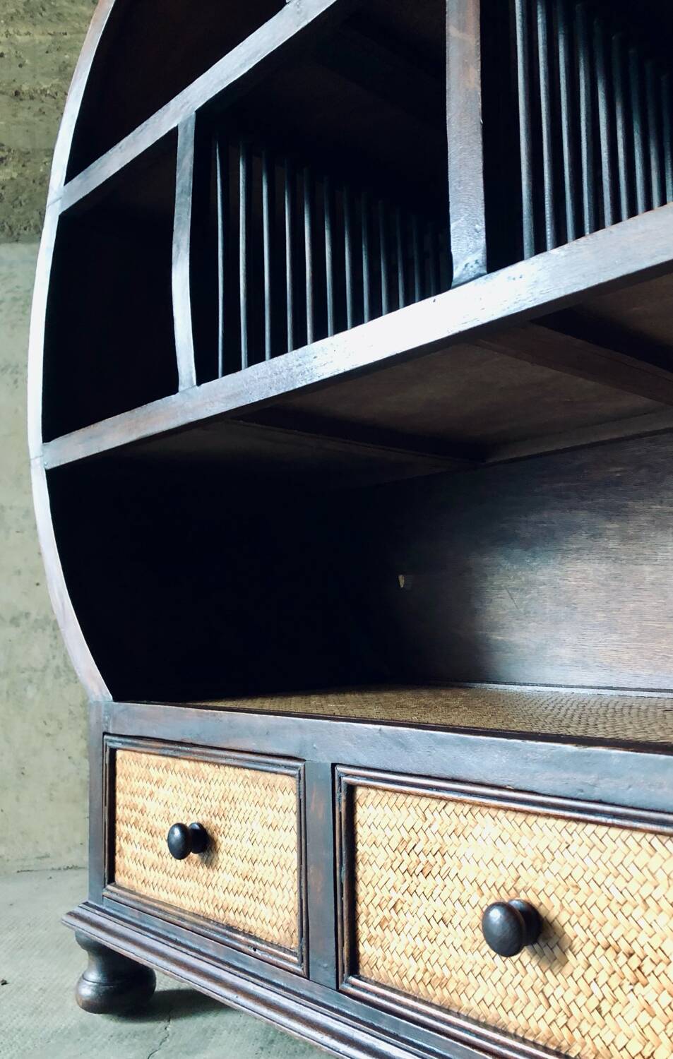 Vintage round cabinet in rattan and acacia