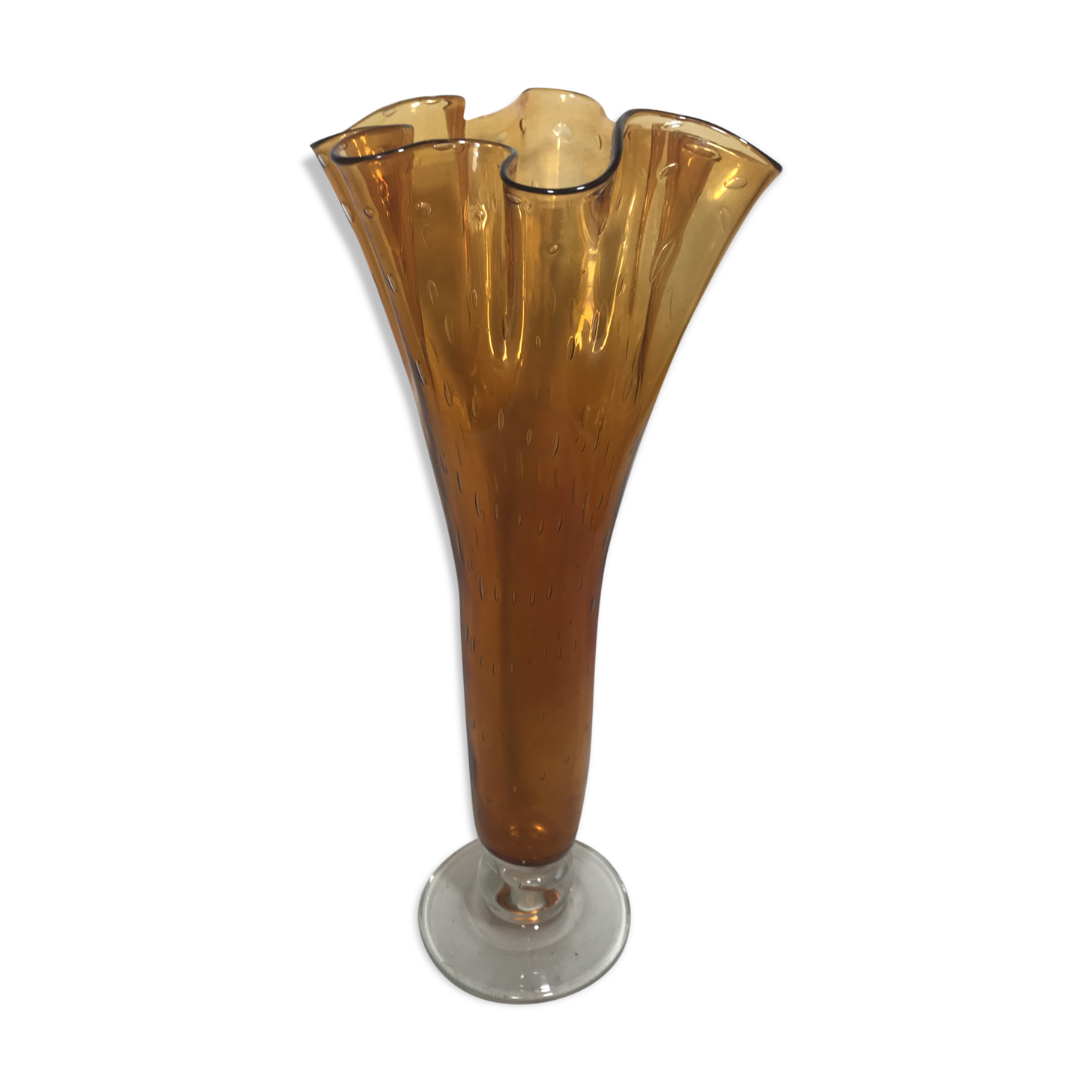 Old glass vase blown bubble orange & transparent vintage