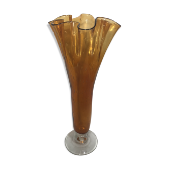 Vase verre soufflé bullé orange & transparent vintage