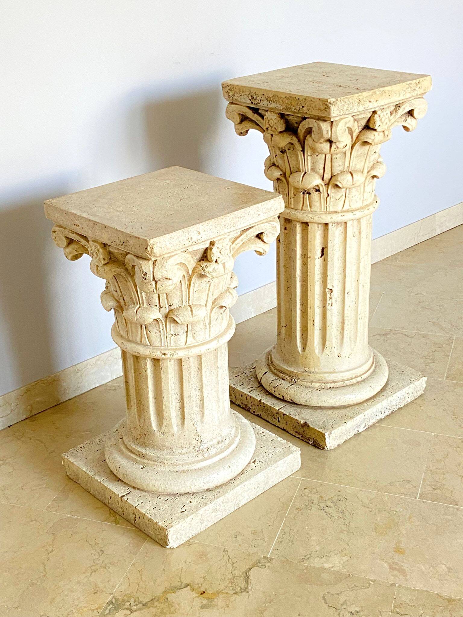 Pair of columns, corinthian style capitals in travertine, italy 1940s