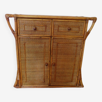 Commode vintage en bois, bambou et rotin tressé-Années 60–meuble d’appoint-2 portes–2 tiroirs